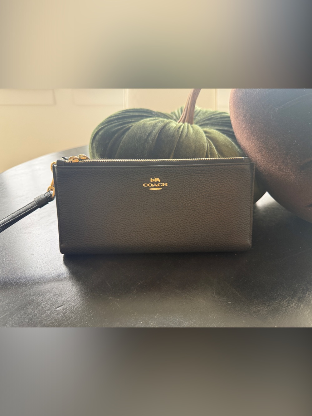 Coach Black Pebbled Leather Zip Wristlet with Gold Hardware
